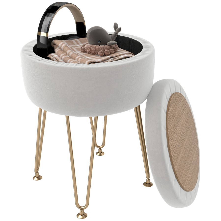 HOMCOM 5L Velvet Footstool with Removable Lid for Bedroom, Cream White