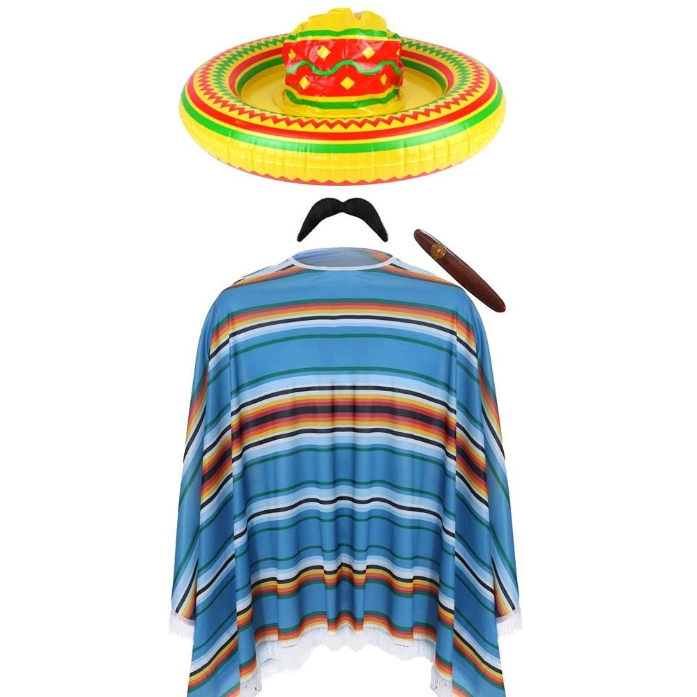 Click to view product details and reviews for Adults Mexican Costume 4 Pcs Inflatable Sombrero Moustache Cigar Blue Poncho.