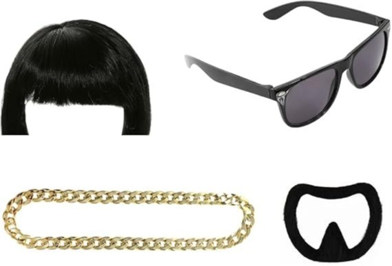 Ibiza Final Boss Costume Accessory Set | 6 Pcs | Wig, Chain, Black Sunglasses, Goatee, Tattoo Sleeves & Inflatable 6ft Champagne Bottle