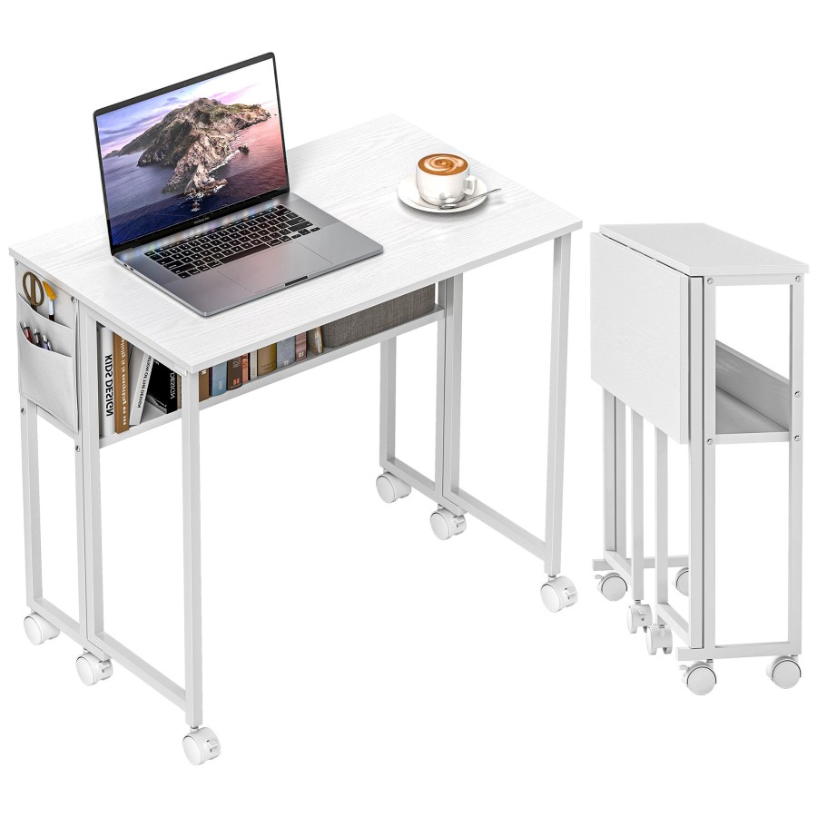Click to view product details and reviews for Homcom Folding Desk With Storage Shelf And Bag 80 Cm Foldable Computer Desk For Small Spaces Space Saving Writing Table On Wheels For Home Office B.