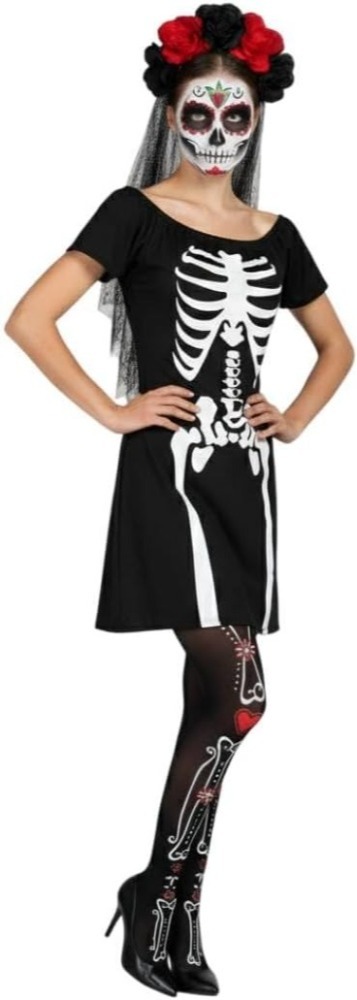 Ladies Day of the Dead Senorita Skeleton Costume | 4 Pcs | Dress, Tights, Headband & Face Tattoos