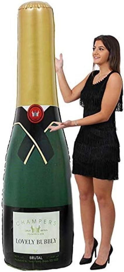 Ibiza Final Boss Costume Accessory Set | 6 Pcs | Wig, Chain, Black Sunglasses, Goatee, Tattoo Sleeves & Inflatable 6ft Champagne Bottle
