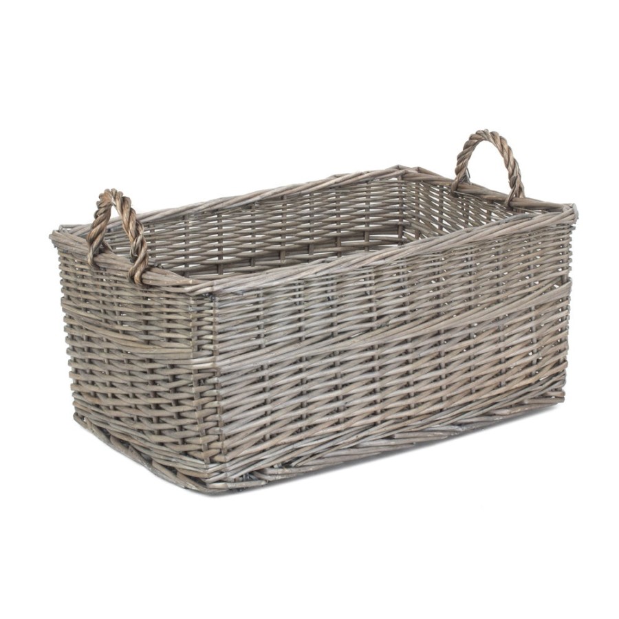 Red Hamper Shallow Antique Wash Storage Wicker Basket - Large