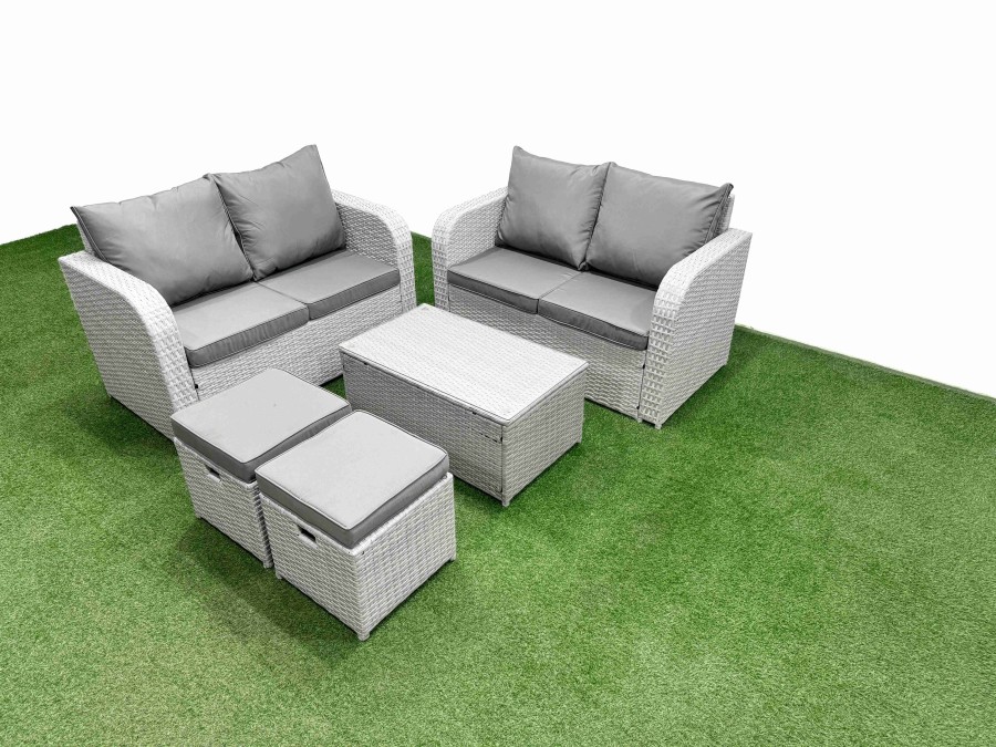 Click to view product details and reviews for Fimous 6 Seater Outdoor Love Sofa Set Rattan Garden Furniture Set With Rectangular Coffee Table 2 Small Stools Light Grey.