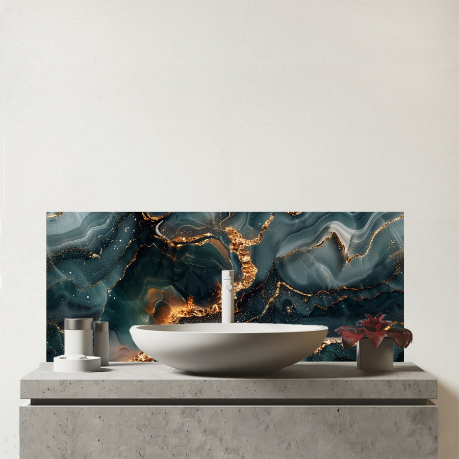 Click to view product details and reviews for Vibrant Blue Marble Effect Glass Bathroom Splashback.