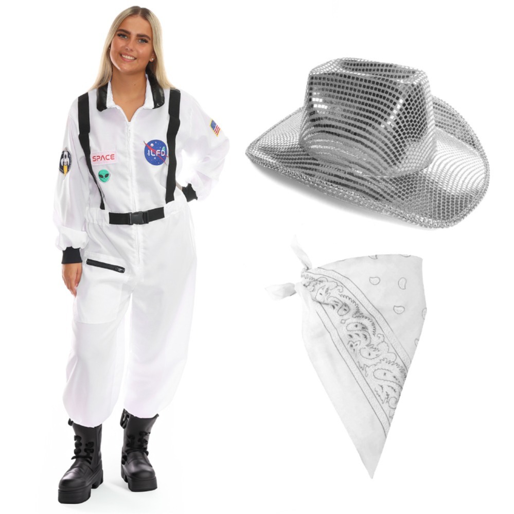 Click to view product details and reviews for Ladies Space Cowgirl Costume 3 Pcs Space Suit Mirrored Hat Red Bandana Small.