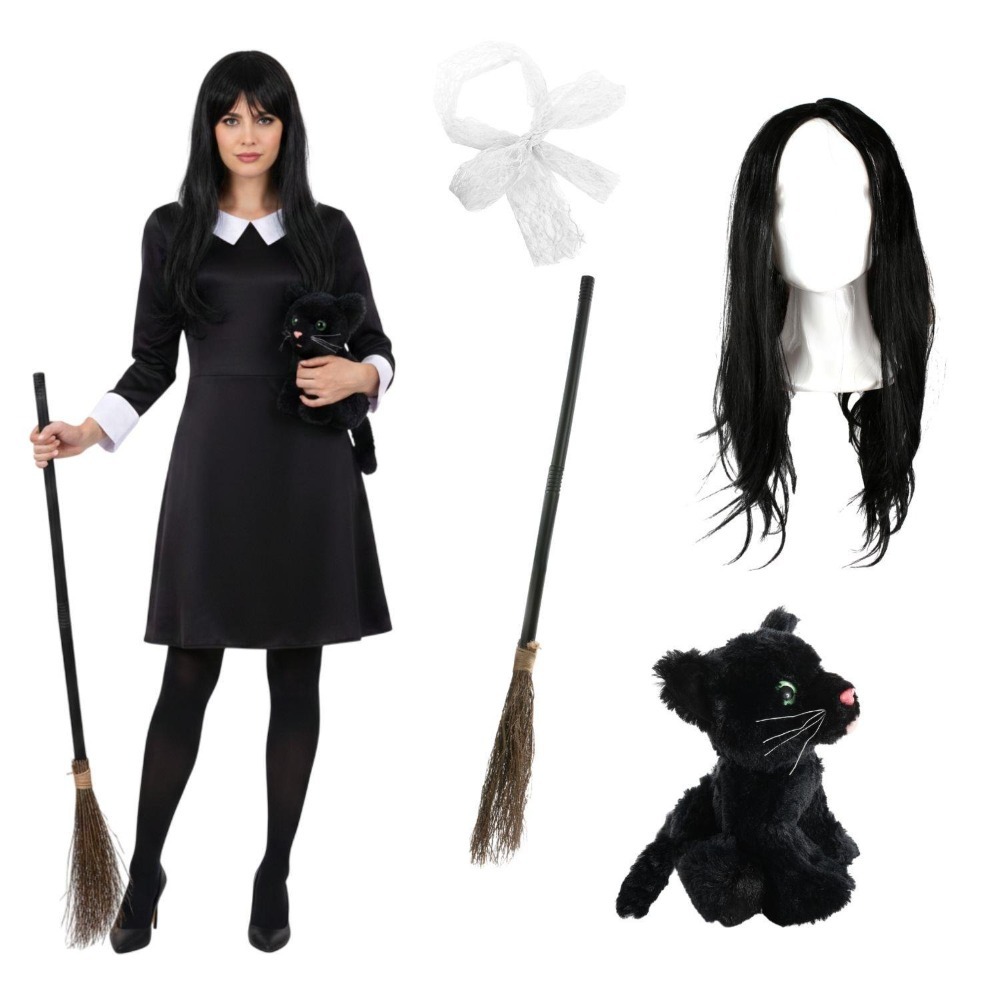 Click to view product details and reviews for Ladies Hooky Witch Costume 5 Pcs Collared Dress Broom Cat Toy Wig Hair Bow Large.