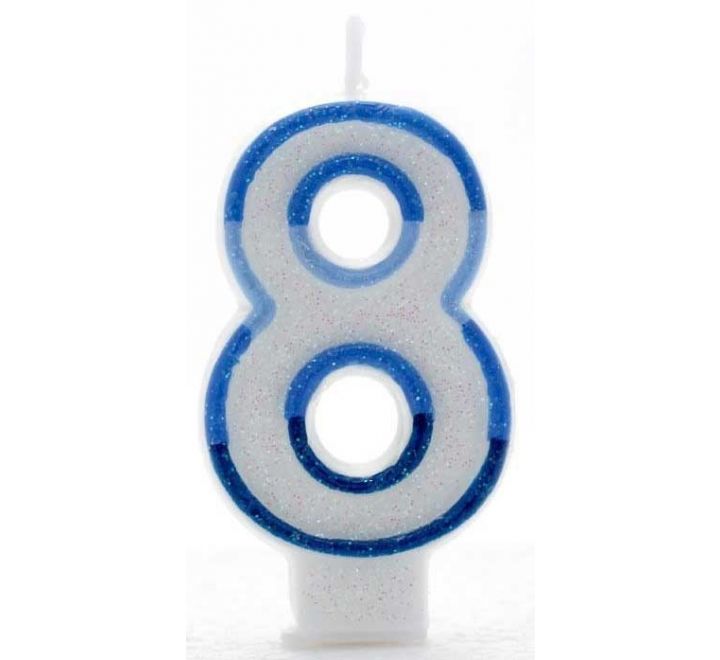 Click to view product details and reviews for Blue Coloured Number 8 Candle.