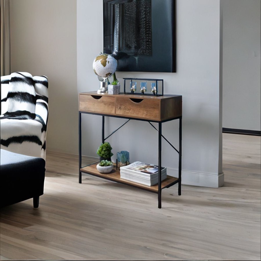 Console Table with 2 Drawers and Wooden Shelf
