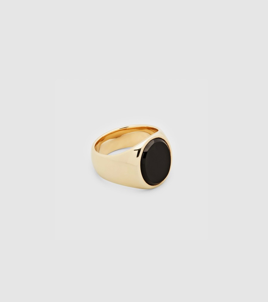 54 FLORAL BLACK OVAL ONYX MARBLE ELEMENT SIGNET RING - GOLD