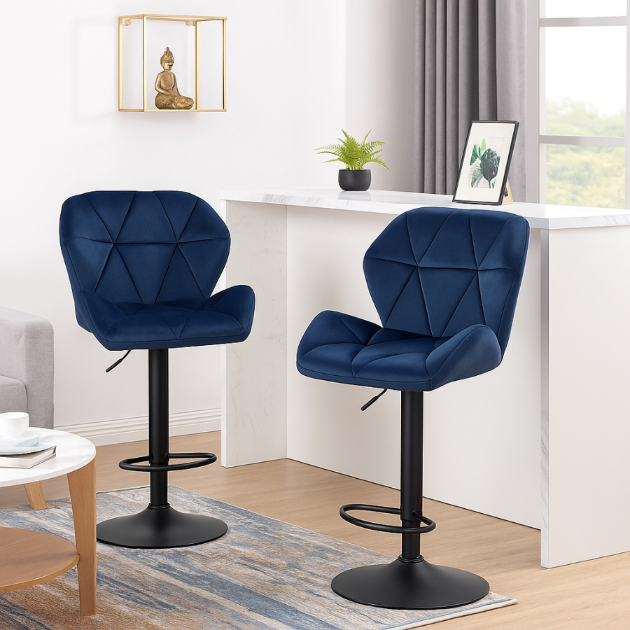 Click to view product details and reviews for Set Of 2 Velvet Blue Bar Stools &ndash; Adjustable Swivel Dining Chairs With Footrest Black Steel.