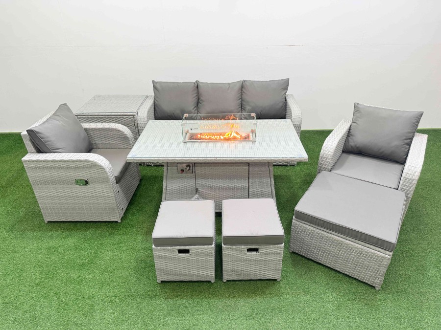 Click to view product details and reviews for Fimous Pe Rattan Garden Furniture Set Reclining Chair Sofa Lounge Sofa Set Firepit Dining Table Side Table 3 Stools Light Grey.