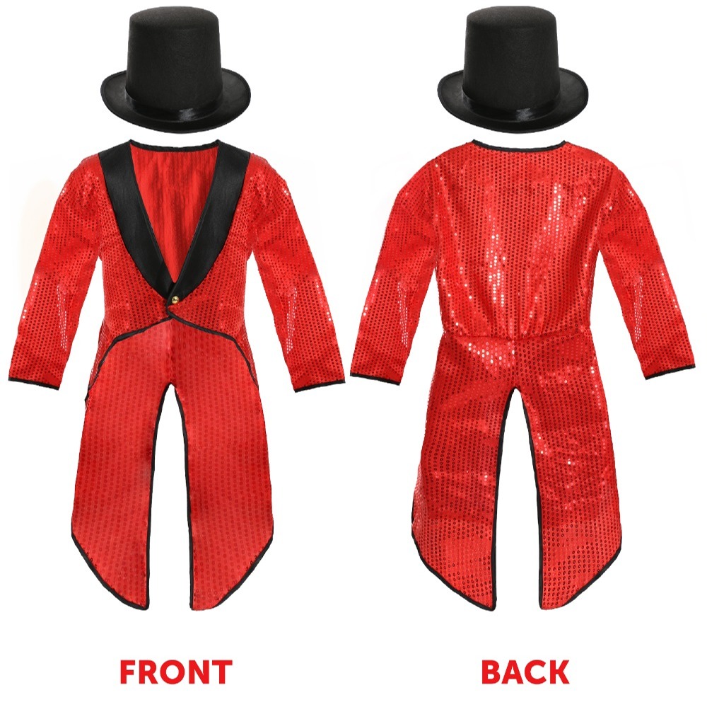 Childs Chocolate Factory Boss Costumes - Red Tailcoat, Tie, Hat, Cane & Ticket