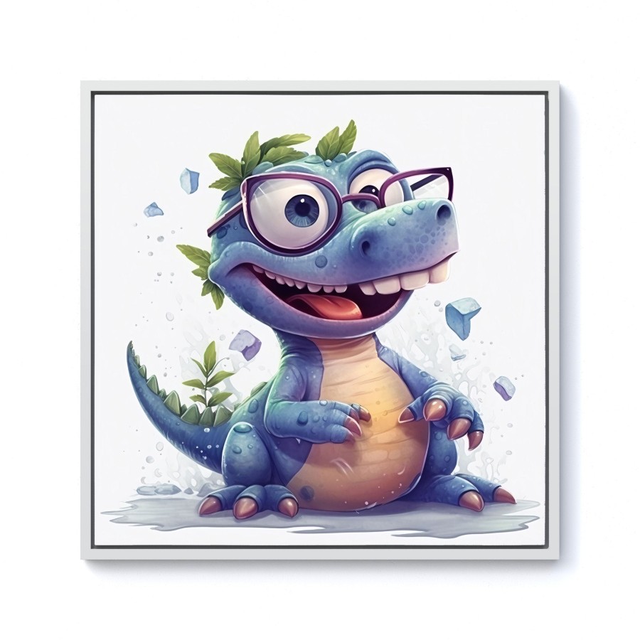 Click to view product details and reviews for Happy Dinosaur With Glasses Framed Canvas 10 X 10 White.