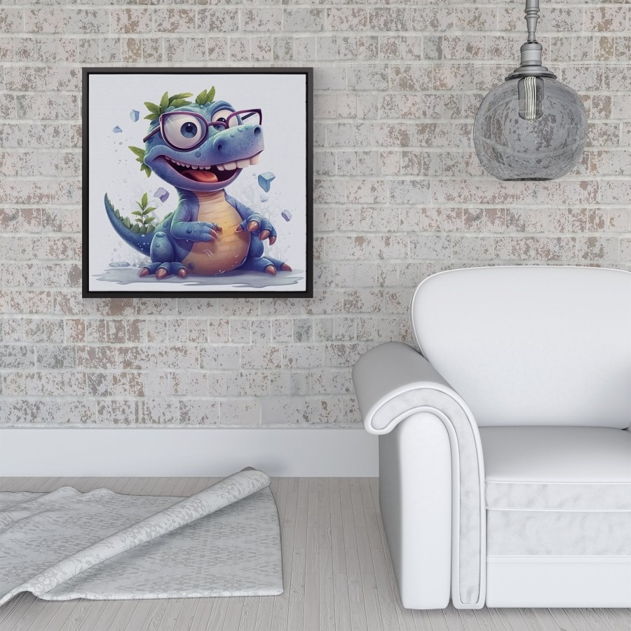 Click to view product details and reviews for Happy Dinosaur With Glasses Framed Canvas 16 X 16 Black.