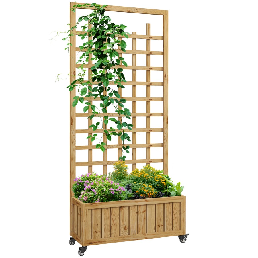 Click to view product details and reviews for Outsunny Wooden Trellis Planter Raised Beds For Garden With Wheels And Bed Liner Privacy Screen Planter Box To Grow Vegetables Herbs And Flowers Fo.