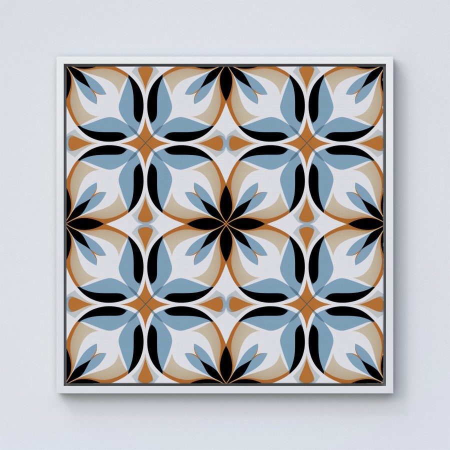 White Brown and Blue Geometric Pattern Framed Canvas