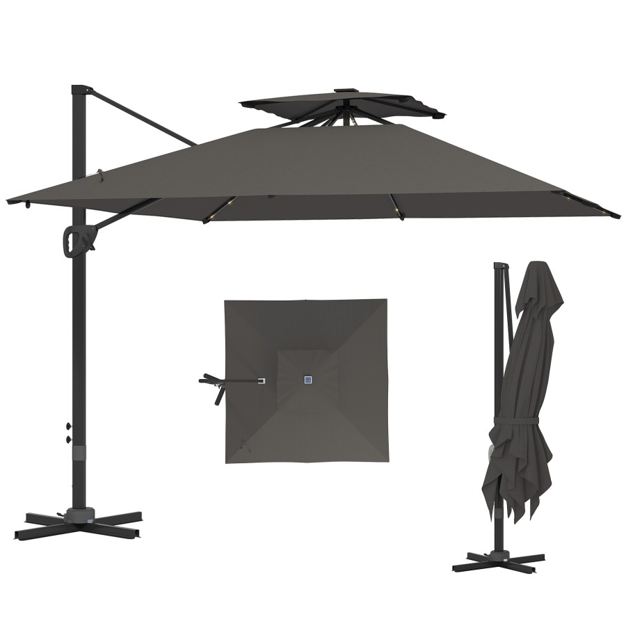 Outsunny 35x3 M Garden Cantilever Parasol With Solar Led Lights And Centre Light Aluminium Large Square Patio Umbrella Upf50 Hanging Sun Shade Wit
