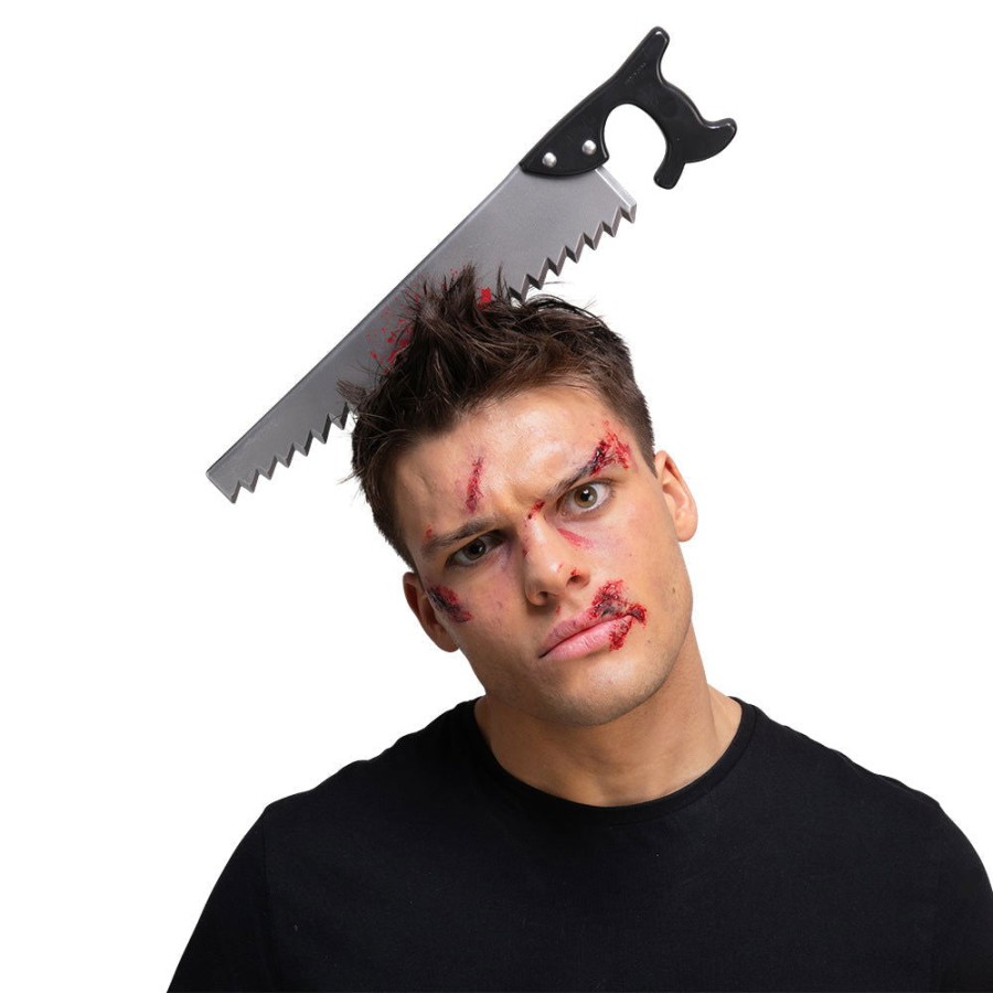Click to view product details and reviews for Saw In Head Prop On A Headband.
