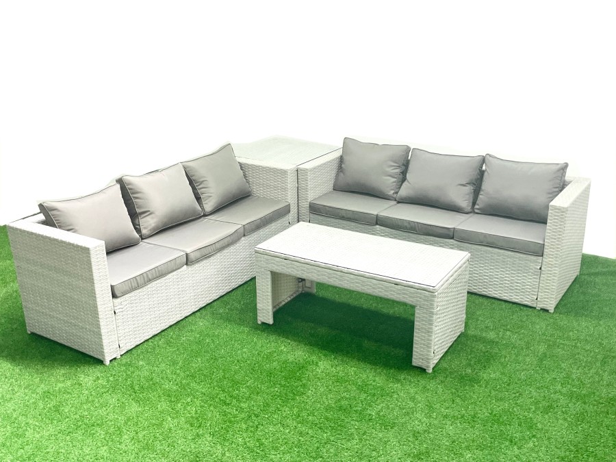 Click to view product details and reviews for Fimous 6 Seater Garden Outdoor Rattan Furniture Set Rattan Garden Sofa Oblong Coffee Table With Side Table Light Grey Mixed.