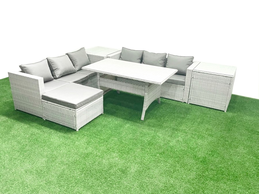 Click to view product details and reviews for Fimous Rattan Garden Furniture Set 7 Seater Outdoor Sofa Set With Dining Table 2 Side Tables Big Footstool Light Grey Mixed.