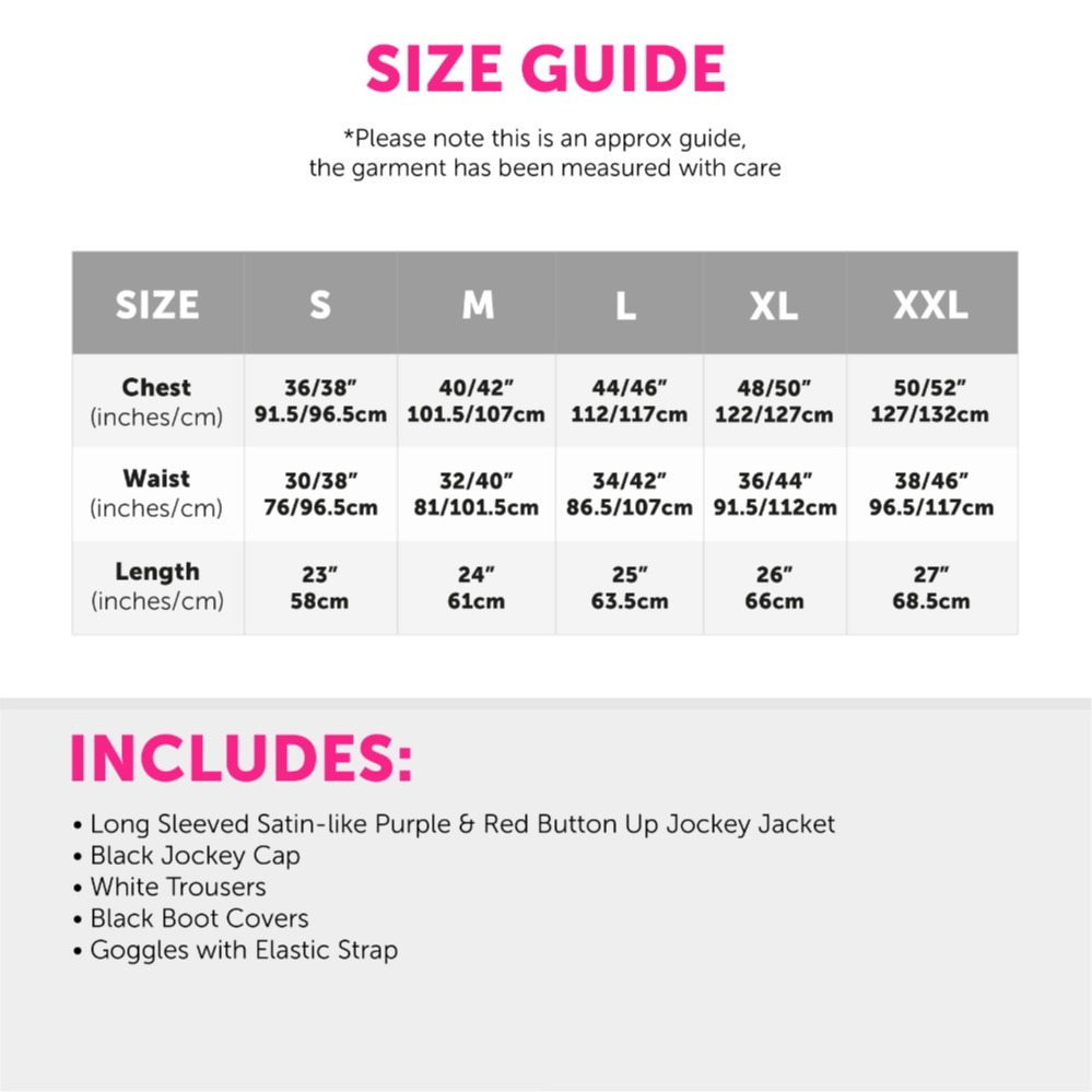 Adults Purple & Red Jockey Costume - with White Trousers, Boot Covers & Black Goggles