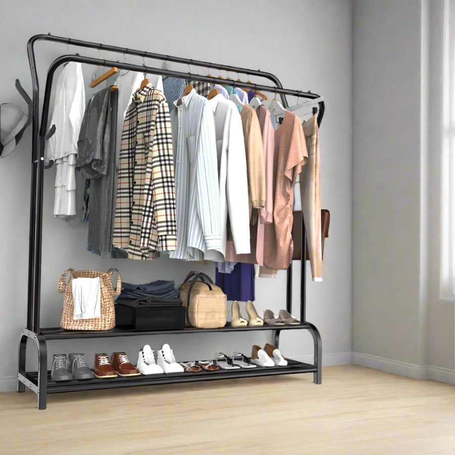 Heavy Duty Metal Double Rail Clothes Rack – Freestanding Garment Stand with Shelf