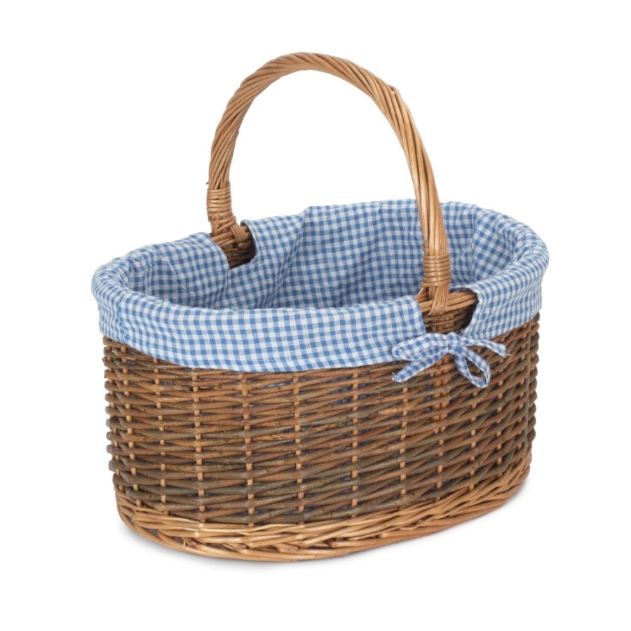 Red Hamper Blue Checked Lined Country Oval Wicker Shopping Basket - Large