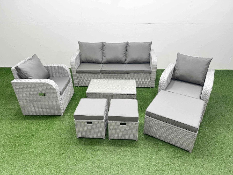 Click to view product details and reviews for Fimous Pe Rattan Garden Furniture Set Reclining Chair Sofa Lounge Sofa Set Oblong Coffee Table 3 Stools Light Grey. Click to view product details and reviews for Fimous Pe Rattan Garden Furniture Set Reclining Chair Sofa Lounge Sofa Set Oblong Coffee Table 3 Stools Light Grey.