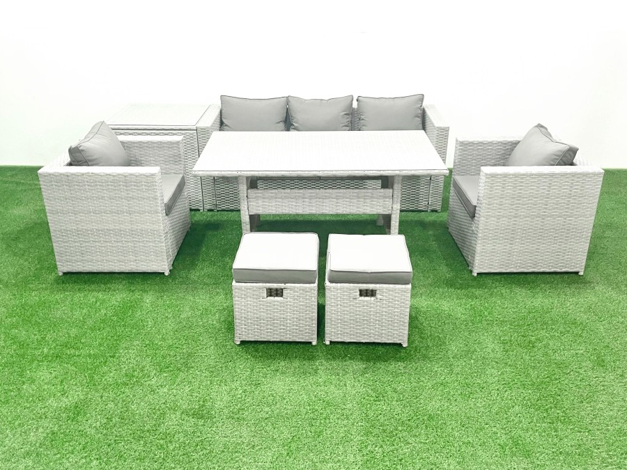 Click to view product details and reviews for Fimous Garden Dining Set Outdoor Rattan Furniture Set With Sofa Dining Table 2 Chairs 2 Small Footstools Side Table Light Grey Mixed.