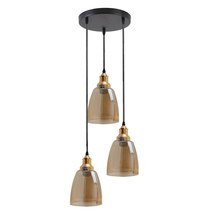 3 Outlet Industrial Retro Loft Glass Ceiling Lampshade Pendant Light1428 Round Base Bell Shape No
