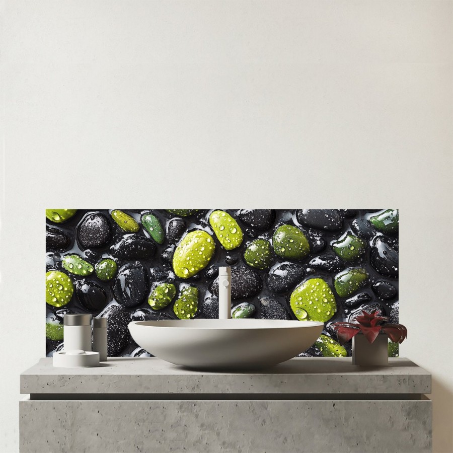 Click to view product details and reviews for Emerald And Onyx Pebble Design Glass Bathroom Splashback.