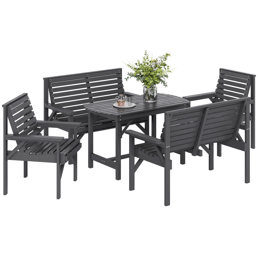 Click to view product details and reviews for Outsunny 5 Piece Wooden Garden Dining Set For 6 Outdoor Conversation Set With 2 Armchairs 2 Loveseats And Dining Table With Umbrella Hole For Patio.