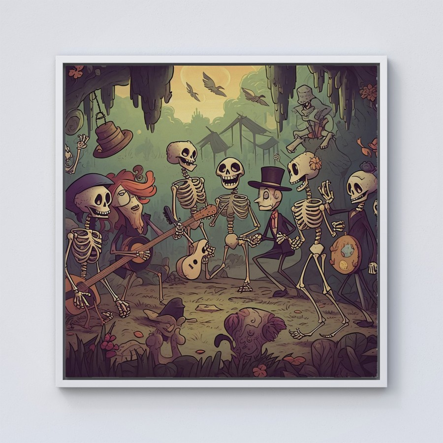 Click to view product details and reviews for Cartoonish Skeletons Having A Party Framed Canvas 10 X 10 White.