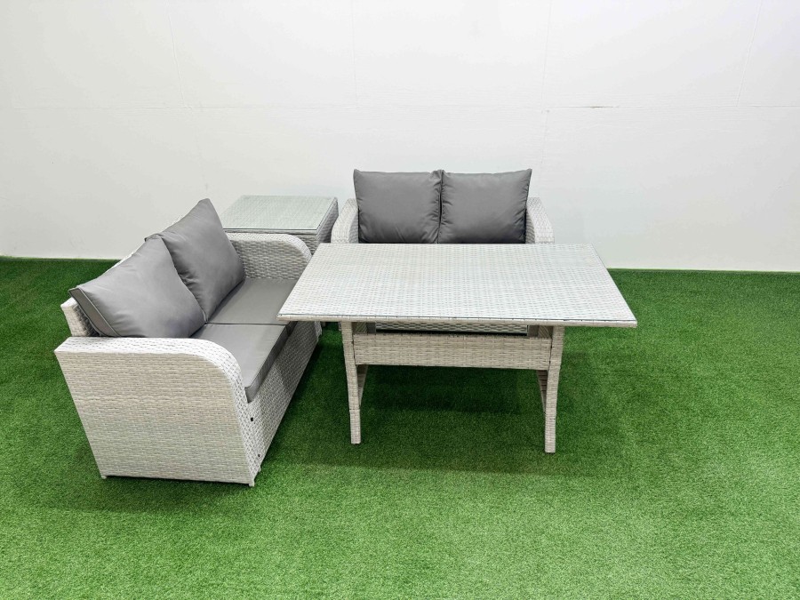 Click to view product details and reviews for Fimous 4 Seater Outdoor Love Sofa Set Rattan Garden Furniture Set With Rectangular Dining Table Side Table Light Grey.