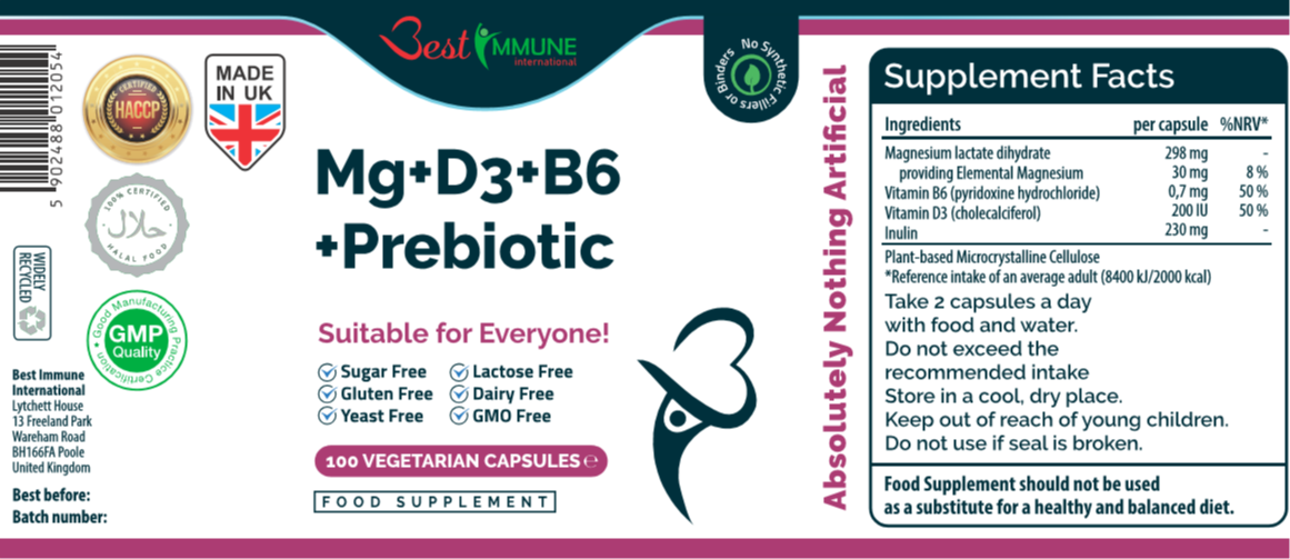 Best Immune supplements natural prebiotic complex magnesium  vitamin d3 b6 - label