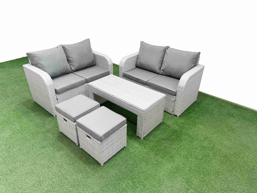 Click to view product details and reviews for Fimous 6 Seater Outdoor Love Sofa Set Rattan Garden Furniture Set With Oblong Coffee Table 2 Small Stools Light Grey.