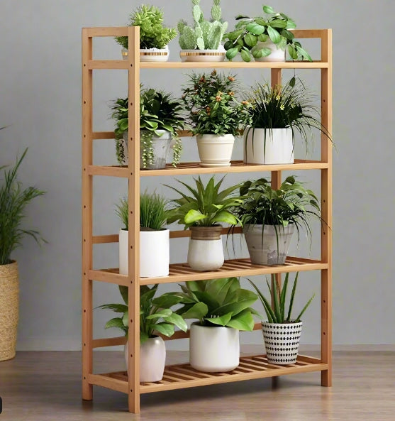 Click to view product details and reviews for 4 Tier Bamboo Plant Stand Ladder With Adjustable Shelves Corner Storage Shelf 67x25x99 Cm.