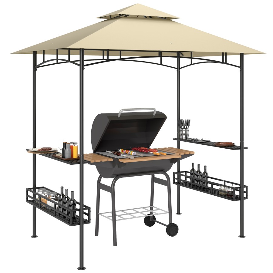 Outsunny 8' x 5' Grill Gazebo Canopy with 2 Side Shelves, Hook, Beige