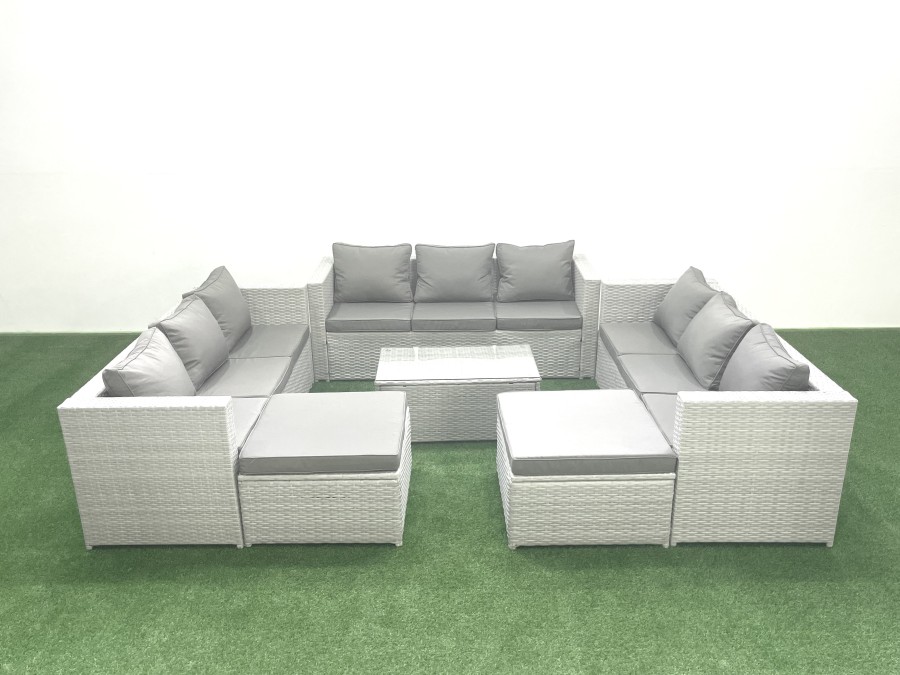 Click to view product details and reviews for Fimous Rattan Garden Outdoor Furniture Set 11 Seater Garden Sofa Coffee Table Set With 2 Big Footstools Light Grey Mixed.