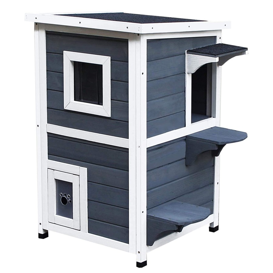 PawHut Wood 2-Floor Cat Condo Pet House Kitten Shelter with Window - Gray