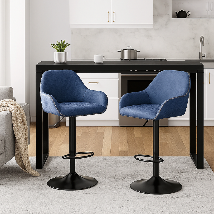 Click to view product details and reviews for Set Of 2 Adjustable Swivel Bar Stools With Backrest Armrests &ndash; Faux Leather Blue Chairs.