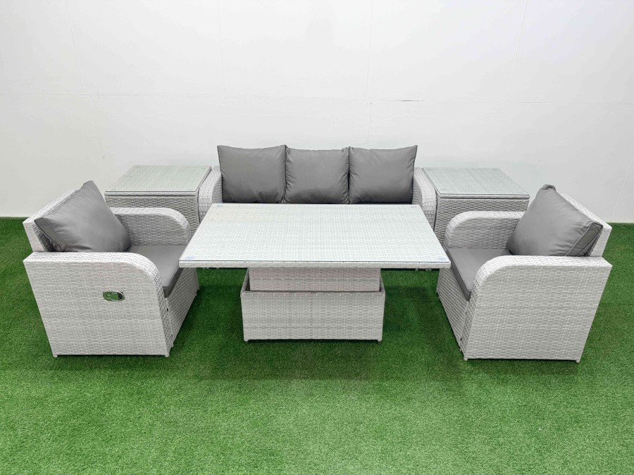 Click to view product details and reviews for Fimous Pe Rattan Garden Furniture Set Reclining Chair Sofa Lounge Sofa Set Adjustable Lifting Dining Or Coffee Table 2 Side Table Light Grey.