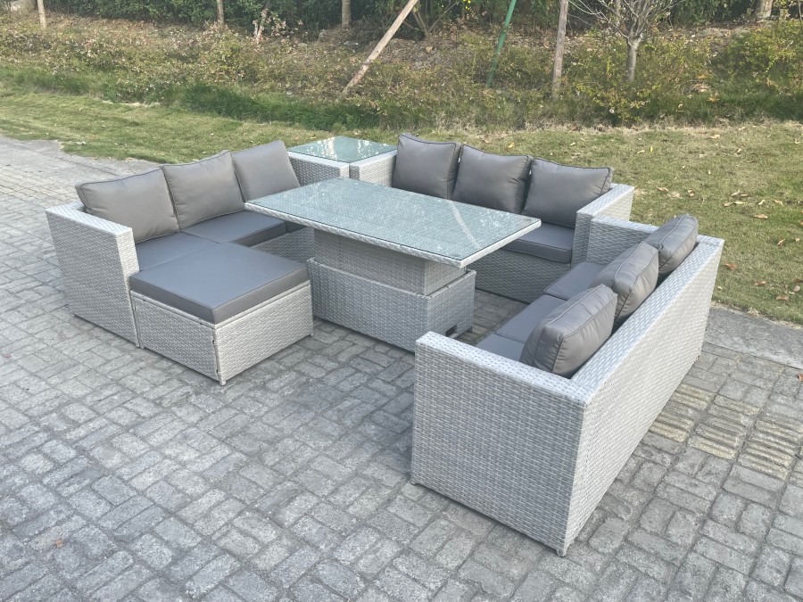 Fimous Lounge Rattan Garden Furniture Set Adjustable Rising Lifting Table Dining Set With Side Coffee Tea Table Footstool