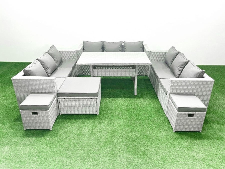 Click to view product details and reviews for Fimous Rattan Garden Outdoor Furniture Set 12 Seater Garden Sofa Rectangulr Dining Table Set With 3 Footstools Light Grey Mixed.