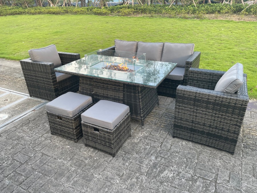 Click to view product details and reviews for Outdoor Rattan Garden Furniture Gas Fire Pit Table Sets Gas Heater Lounge Chairs Small Footstools Dark Grey 7 Seater.