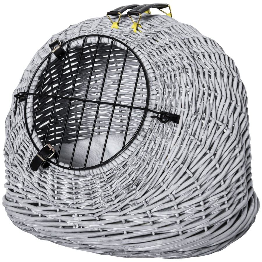 Click to view product details and reviews for Wicker Cat Basket W Mat Handle Kitten Pussy Enclosed Bed Portable Grey.