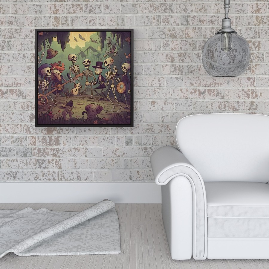 Click to view product details and reviews for Cartoonish Skeletons Having A Party Framed Canvas 16 X 16 Black.