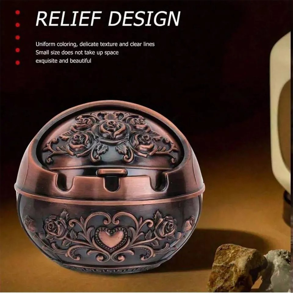 Retro Decorative Ashtray With Lid To Prevent Flying Ash Carved Ashtray