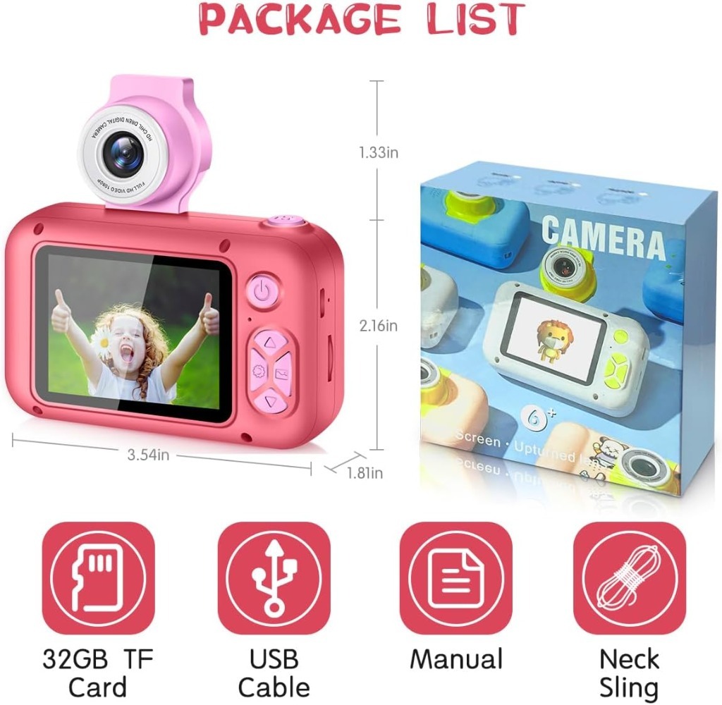 Kids Camera with 2.4" Screen, 180° Flip Lens, Games, Music, 32GB SD Card